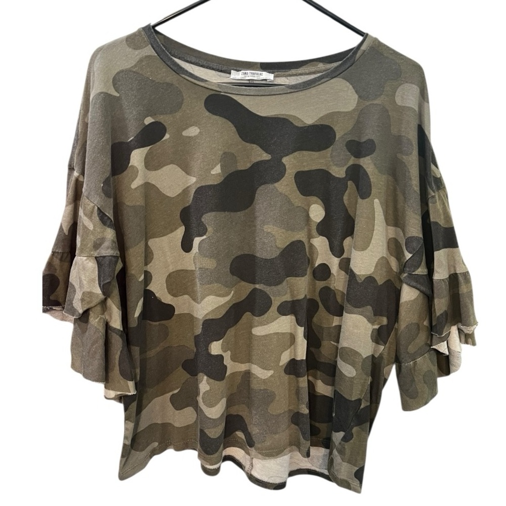 Zara Trafaluc Camouflage Tiered Ruffle Sleeve Top Size US Large
